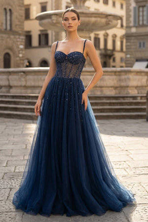 Blue Tulle Beaded Long Prom Dress Formal Dress - KissProm