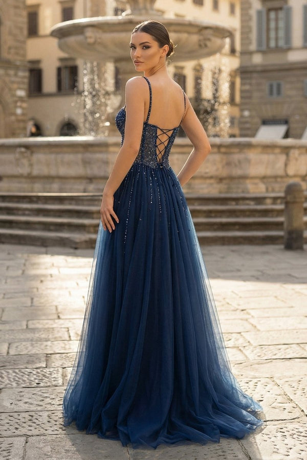 Blue Tulle Beaded Long Prom Dress Formal Dress - KissProm