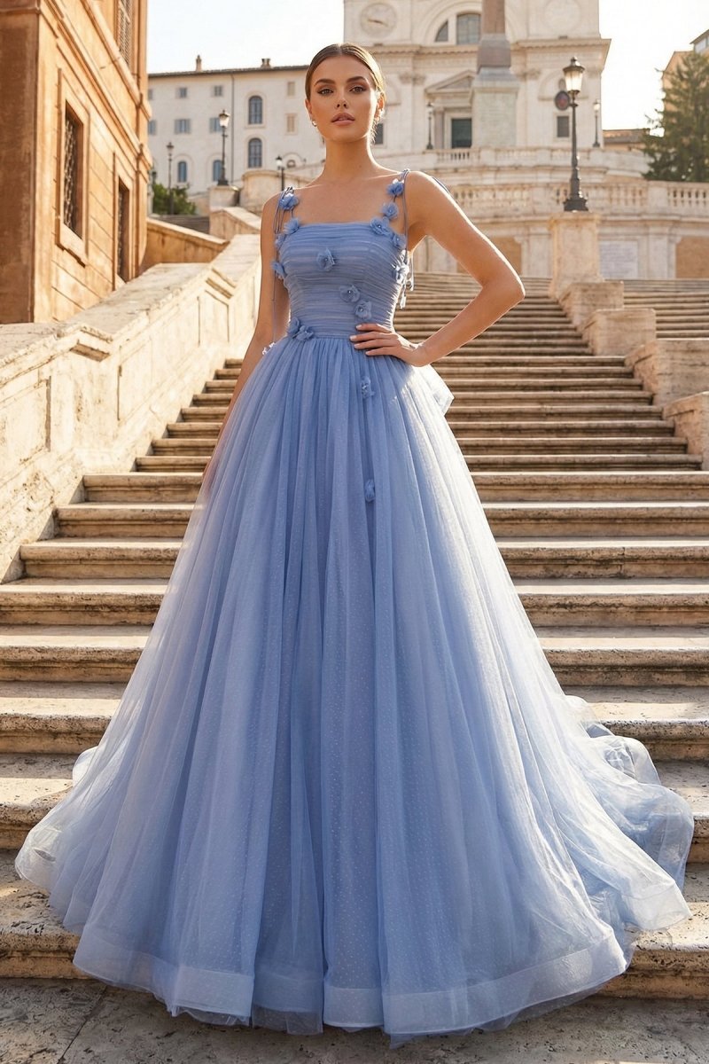 Blue Tulle Long A - Line Prom Dress Blue Spaghetti Straps Party Dress with Bow - KissProm
