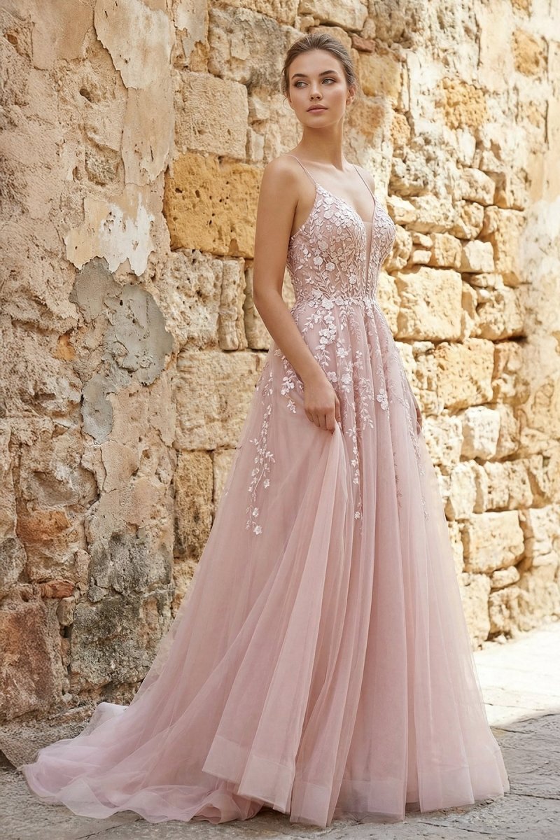 A - line Spaghetti Straps Tulle Prom Dress with Appliques - KissProm