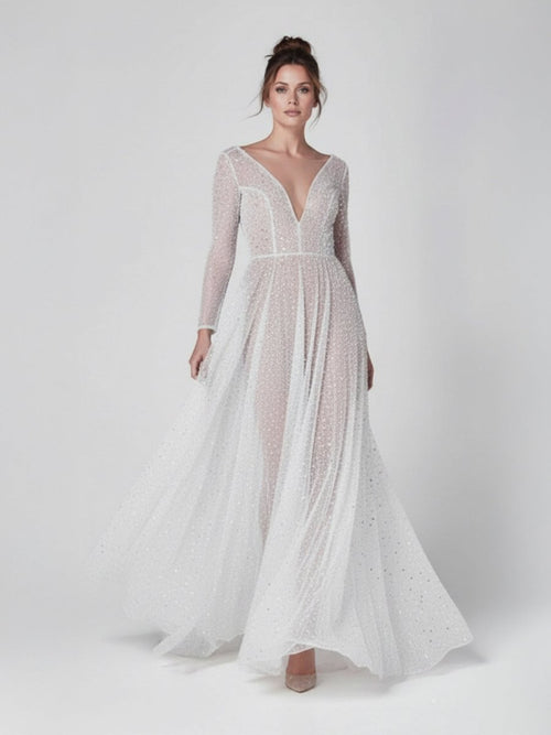 Frayah | Bohemian A - Line Sparkly Sequined Luxury Wedding Dresses - KissProm