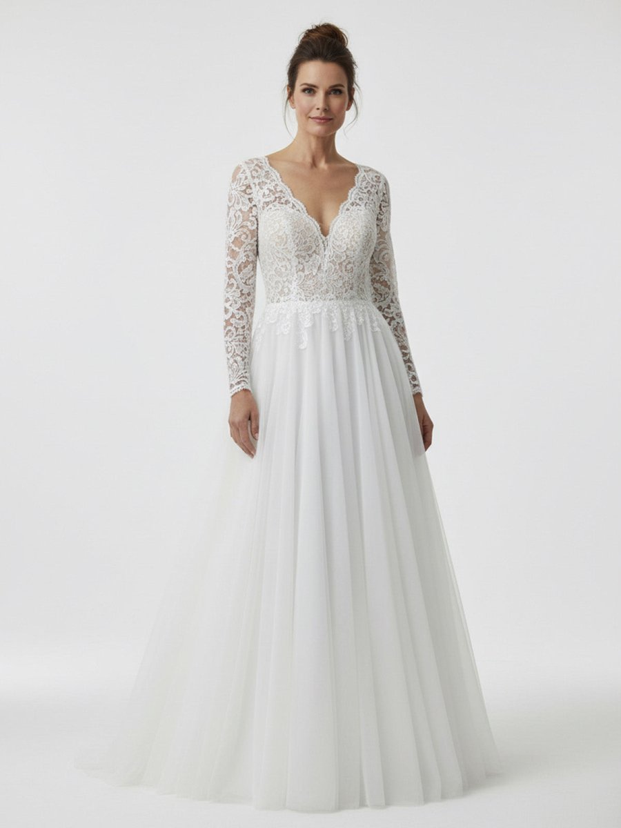 Bohemian Long Sleeves Lace Button Back A Line Modest Wedding Dresses - KissProm