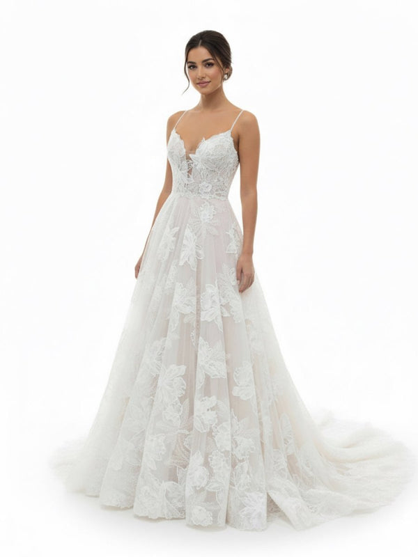 Boho White A - Line Lace Appliques Wedding Dress - KissProm