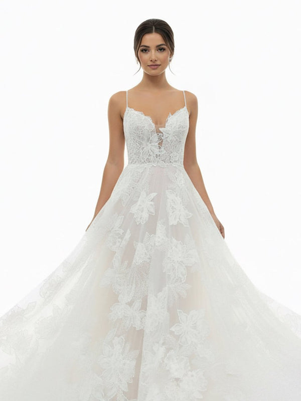 Boho White A - Line Lace Appliques Wedding Dress - KissProm