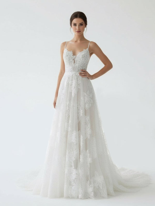Boho White A - Line Lace Appliques Wedding Dress - KissProm