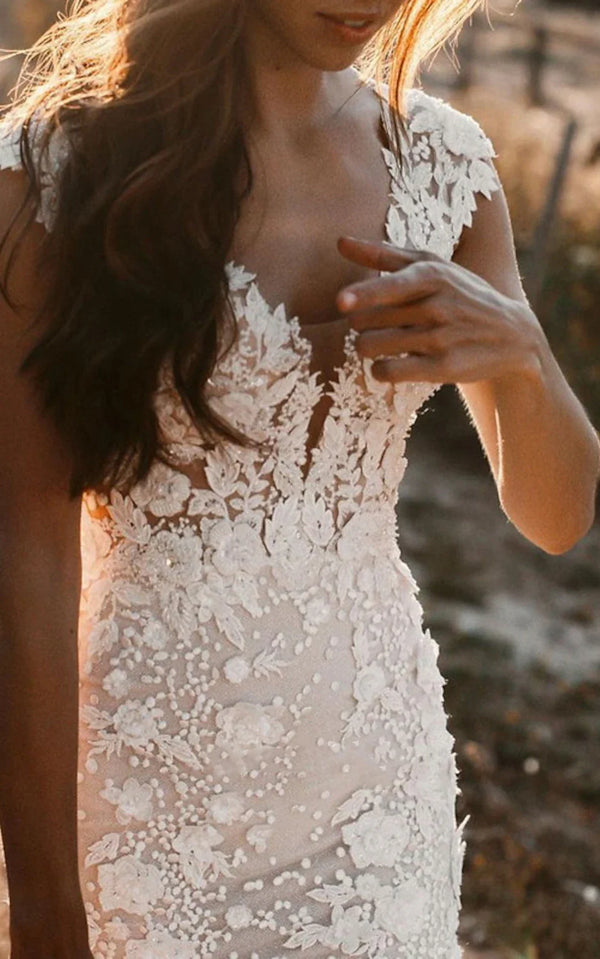 Boho Mermaid Wedding Dress Floral V-neck Casual Gown with Open Back and Lace Appliques – Wedding Dresses by KissProm | Available at KissProm