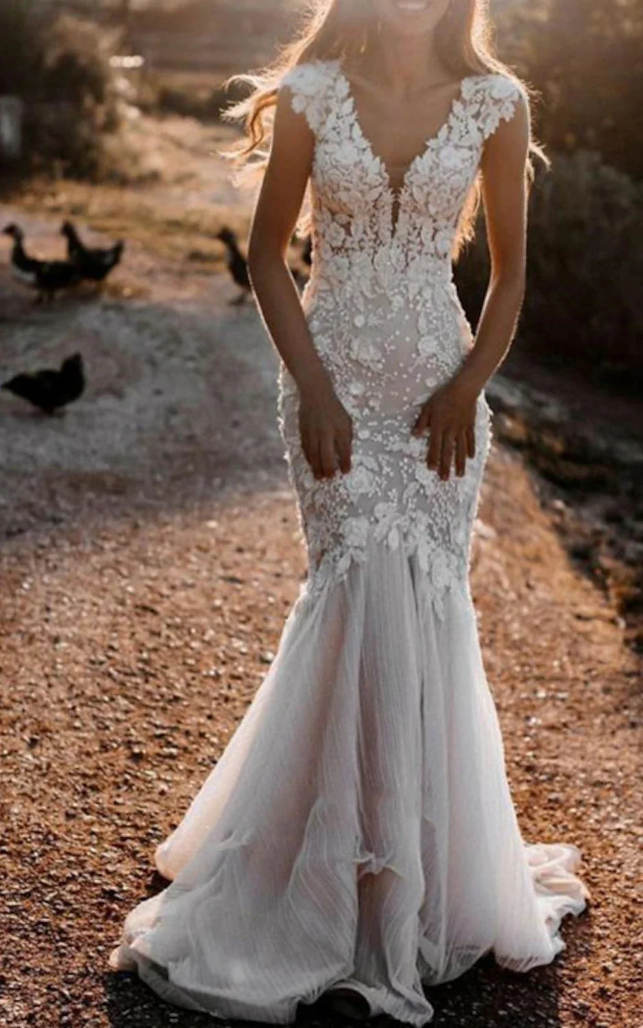 Boho Mermaid Wedding Dress Floral V-neck Casual Gown with Open Back and Lace Appliques – Wedding Dresses by KissProm | Available at KissProm
