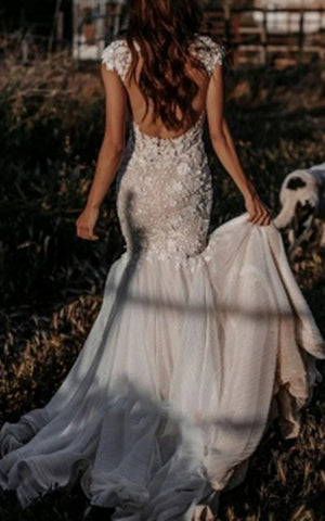 Boho Mermaid Wedding Dress Floral V-neck Casual Gown with Open Back and Lace Appliques – Wedding Dresses by KissProm | Available at KissProm