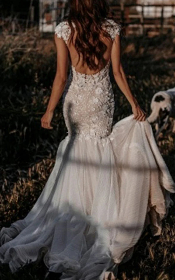 Boho Mermaid Wedding Dress Floral V-neck Casual Gown with Open Back and Lace Appliques – Wedding Dresses by KissProm | Available at KissProm