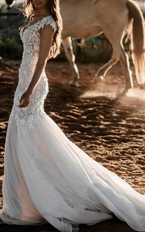 Boho Mermaid Wedding Dress Floral V-neck Casual Gown with Open Back and Lace Appliques – Wedding Dresses by KissProm | Available at KissProm
