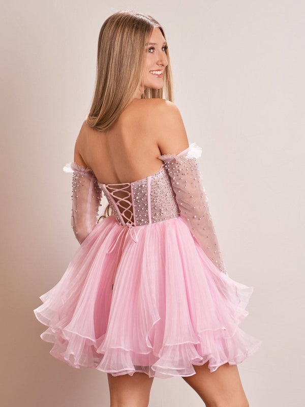 Briena | A - Line Pink Sweetheart Ruffled Short Homecoming Dress - KissProm