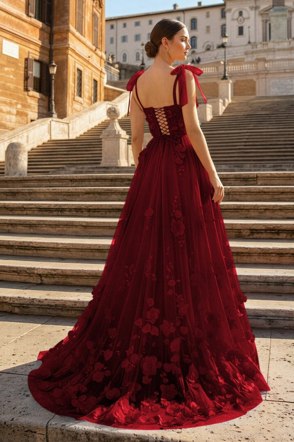 Scarlet Tulle A - line 3D Flower Long Prom Dress With Slit - KissProm
