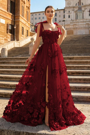 Scarlet Tulle A - line 3D Flower Long Prom Dress With Slit - KissProm