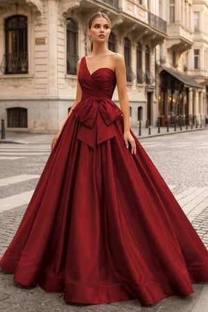 One Shoulder Satin A Line Prom Dress With Bow - KissProm