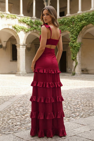 Knotted Sage Ruffles Mermaid Tiedred Maxi Dress - KissProm
