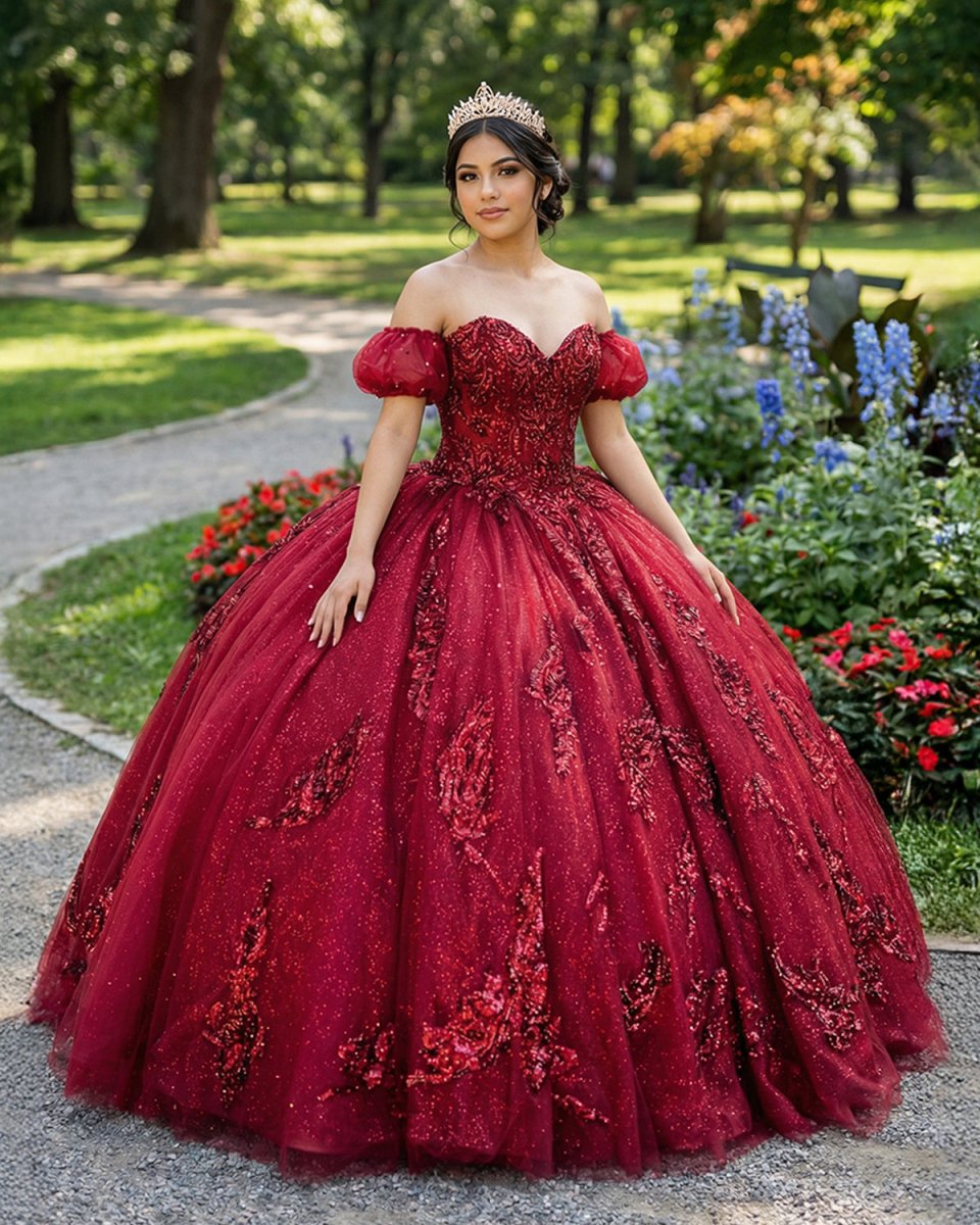 Quinceanera Dress Burgundy Off Shoulder Tulle Lace Long Prom Dresses – Quinceanera Dress by KissProm | Available at KissProm