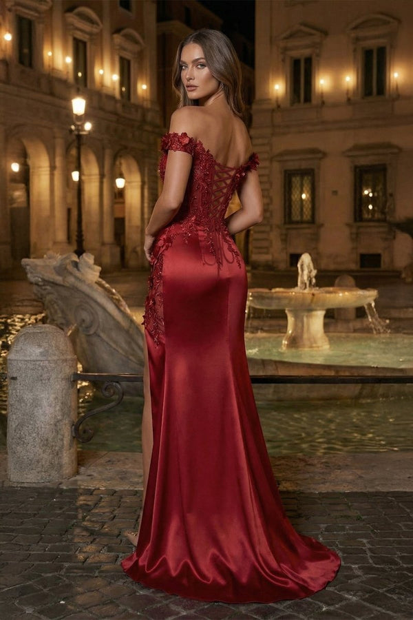 Burgundy Off The Shoulder Mermaid Beaded Satin Long Prom Dresses With Appliques – Prom Dress by KissProm | Available at KissProm