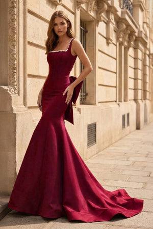 Black Square Neck Mermaid Satin Long Prom Dresses With Pearls – Prom Dress by KissProm | Available at KissProm