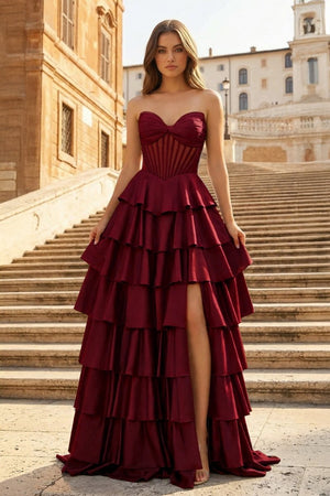 Gray Sweetheart A Line Satin Ruffled Long Prom Dresses With Slit - KissProm