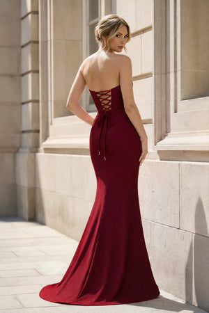 Fuchsia Strapless Mermaid Satin Long Prom Dresses With Beading - KissProm