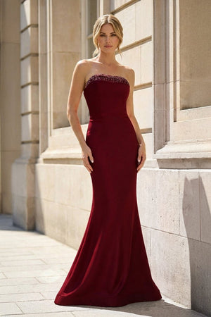 Fuchsia Strapless Mermaid Satin Long Prom Dresses With Beading - KissProm