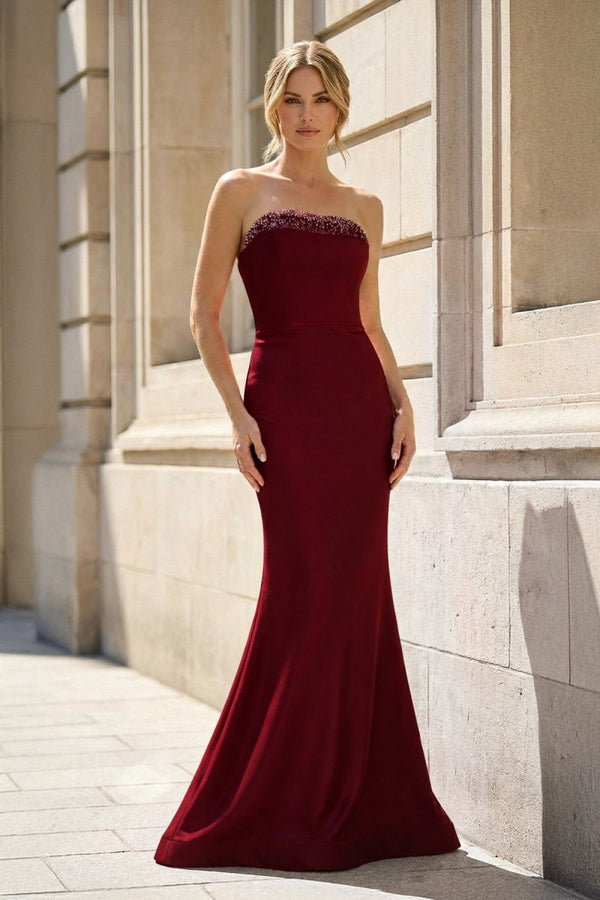 Fuchsia Strapless Mermaid Satin Long Prom Dresses With Beading - KissProm