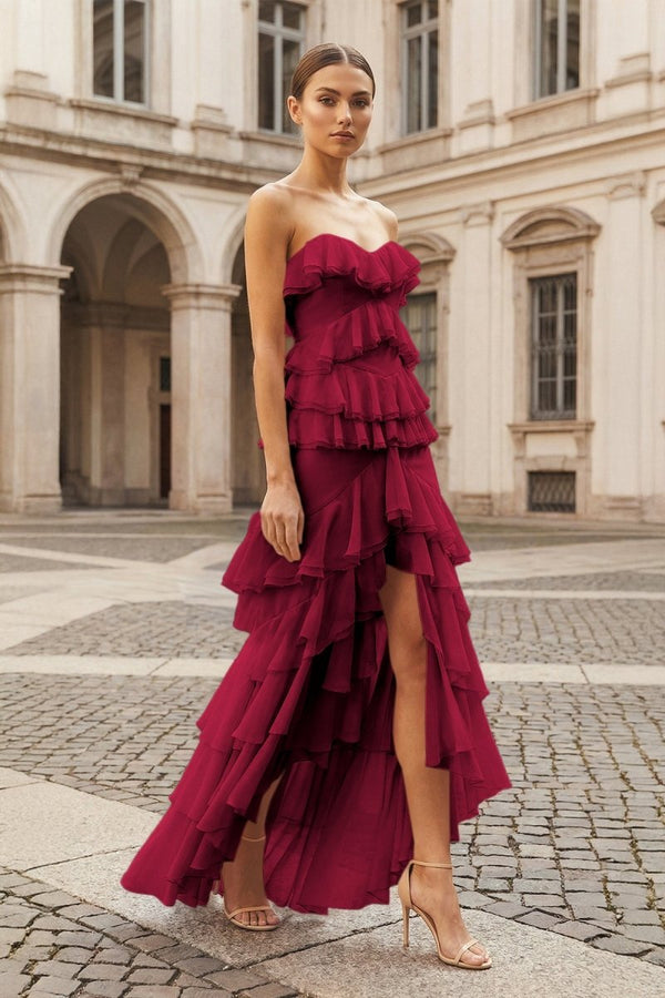 Pink Strapless Sheath Chiffon Ruffled Long Prom Dresses – Prom Dress by KissProm | Available at KissProm