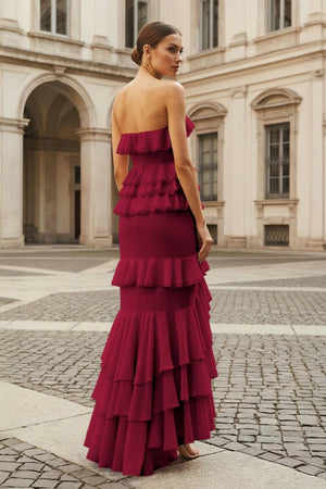 Pink Strapless Sheath Chiffon Ruffled Long Prom Dresses – Prom Dress by KissProm | Available at KissProm