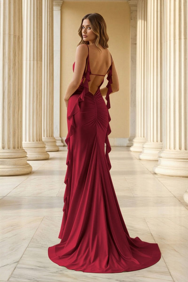 Yellow Spaghetti Straps Mermaid Satin Ruffled Long Prom Dresses With Slit - KissProm