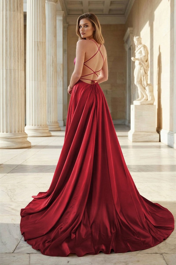 Pink Spaghetti Straps Satin Backless A Line Prom Dress With Pockets - KissProm