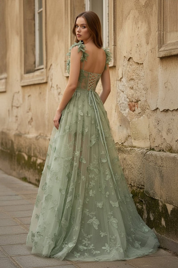 A - line Butterfly Lace Lilac Corset Prom Dress with Slit - KissProm