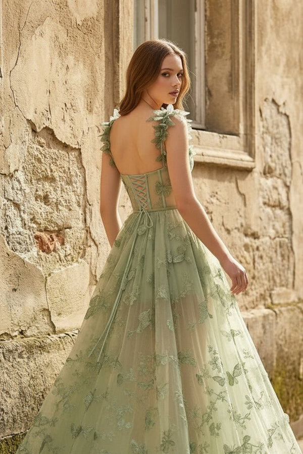 A - line Butterfly Lace Lilac Corset Prom Dress with Slit - KissProm