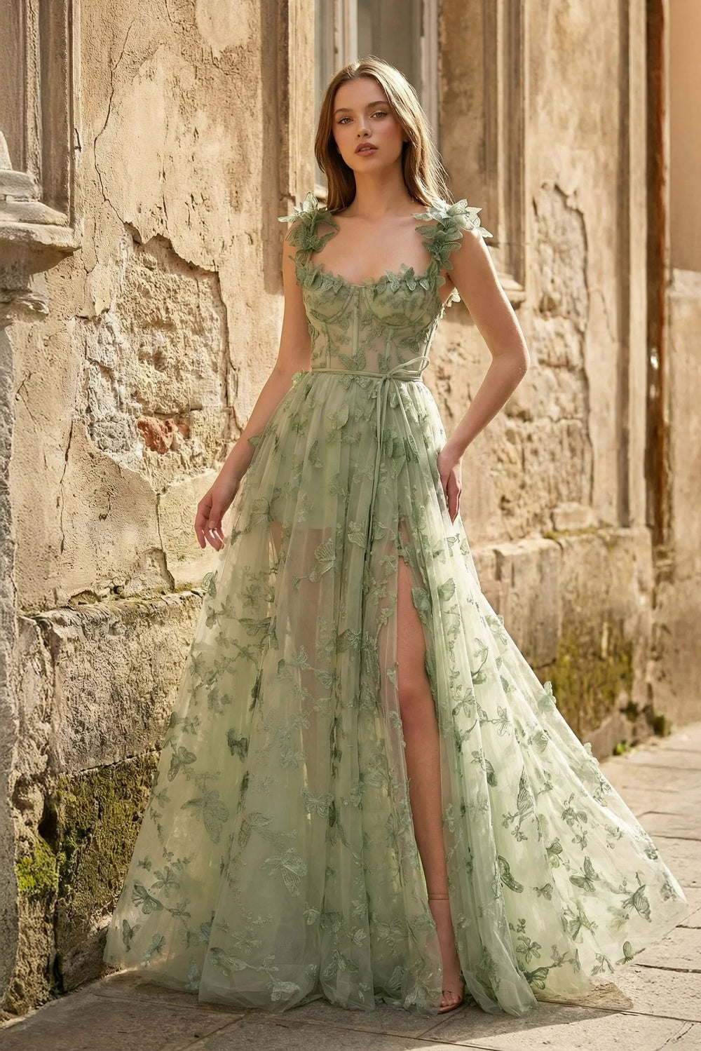 A - line Butterfly Lace Lilac Corset Prom Dress with Slit - KissProm