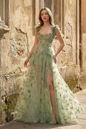 A - line Butterfly Lace Lilac Corset Prom Dress with Slit - KissProm