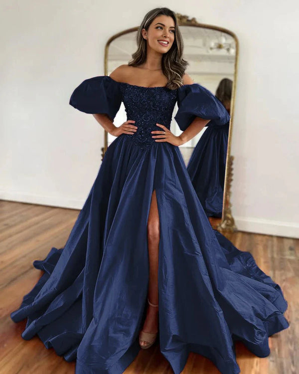 A-Line Off The Shoulder Taffeta Prom Dress With Short Puffy Sleeves – Prom Dress by KissProm | Available at KissProm