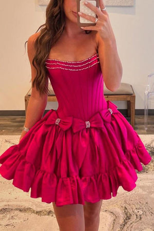 Strapless Black Beaded Short Homecoming Dress with Bow – Homecoming Dresses by KissProm | Available at KissProm