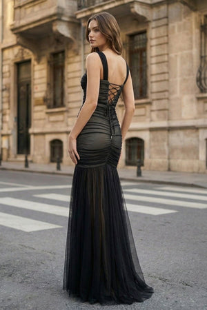 Black Sweetheart Mermaid Tulle Pleated Long Formal Prom Dresses - KissProm