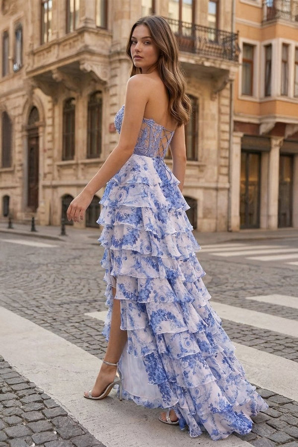 Blue Sweetheart A Line Floral Chiffon Ruffled Formal Prom Dresses With Appliques - KissProm