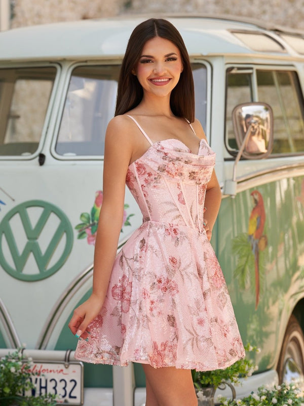 Calanthy | Pink - A Line Short Floral Cowl Neckline Corset Homecoming Dresses