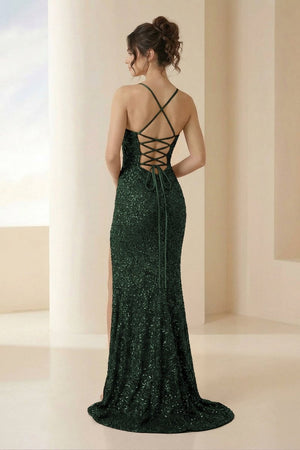 Calisyn | Dark Green - Spaghetti Straps Sequins Mermaid Long Formal Prom Dresses With Slit-KissProm