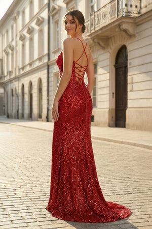 Dark Green Spaghetti Straps Sequins Mermaid Long Formal Prom Dresses With Slit - KissProm