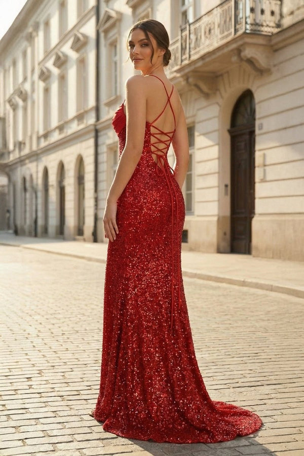 Dark Green Spaghetti Straps Sequins Mermaid Long Formal Prom Dresses With Slit - KissProm