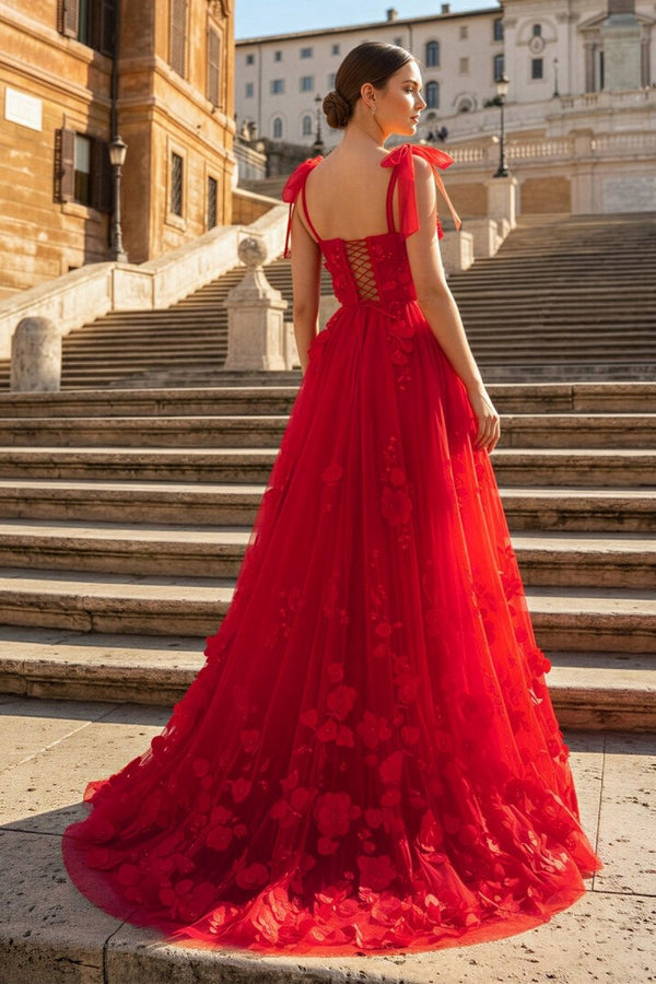 Scarlet Tulle A - line 3D Flower Long Prom Dress With Slit - KissProm
