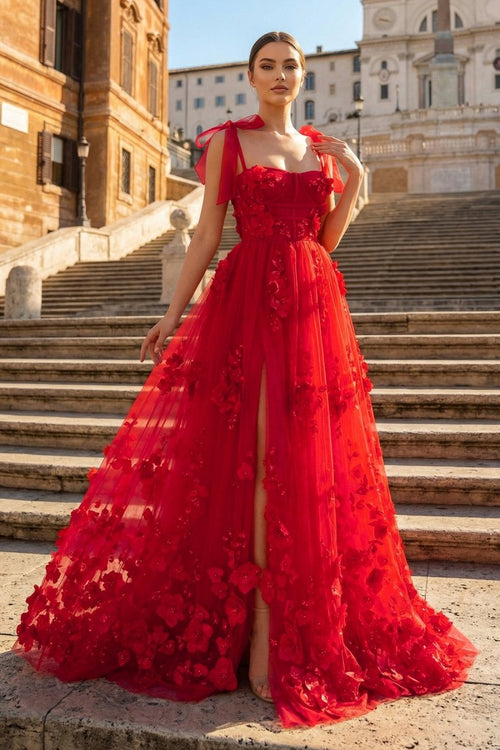Scarlet Tulle A - line 3D Flower Long Prom Dress With Slit - KissProm