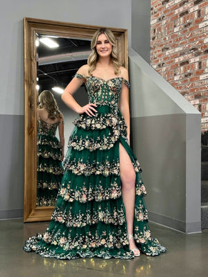 A-Line Lace Off-the-Shoulder Tiered Long Prom Dress with Slit – Prom Dress by KissProm | Available at KissProm