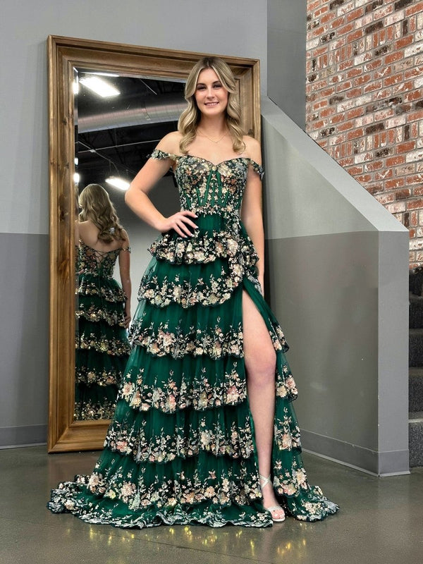 A-Line Lace Off-the-Shoulder Tiered Long Prom Dress with Slit – Prom Dress by KissProm | Available at KissProm