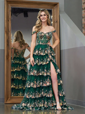 A-Line Lace Off-the-Shoulder Tiered Long Prom Dress with Slit – Prom Dress by KissProm | Available at KissProm