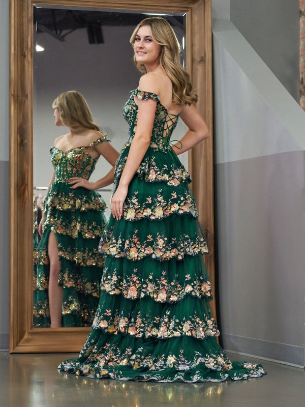 A-Line Lace Off-the-Shoulder Tiered Long Prom Dress with Slit – Prom Dress by KissProm | Available at KissProm