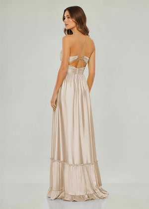 Criss-cross Chartreuse Ruched A-line Halter Sleeveless Long Prom Dress – Prom Dresses by KissProm | Available at KissProm