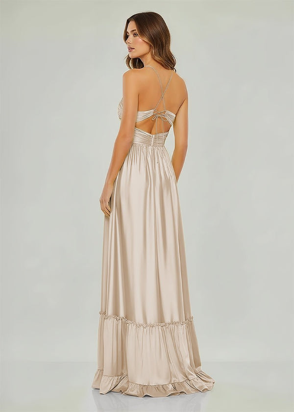 Criss-cross Chartreuse Ruched A-line Halter Sleeveless Long Prom Dress – Prom Dresses by KissProm | Available at KissProm